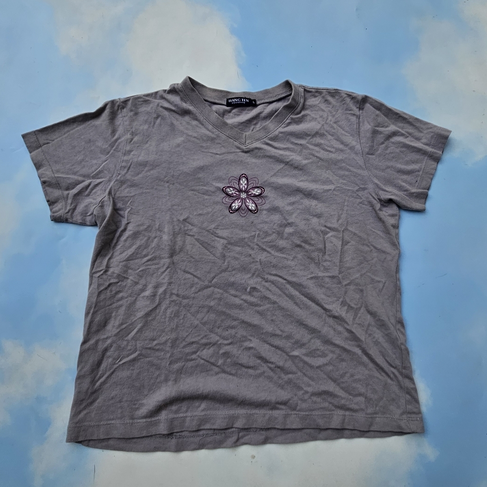 Surfer Girl Grey Early 2000s Y2k Vintage Surf Tee Flower Crop Top Babydoll Tee
